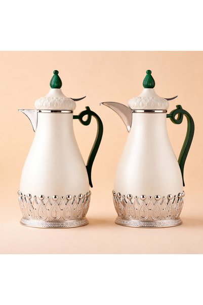 zorlo online store Set of 2 Arabic Coffee Flasks 1L Each – Luxury Insulated Thermal Dallah in White with Silver & Green Accents, Hot & Cold Beverage Server for Home, Majlis, Office & Gifting