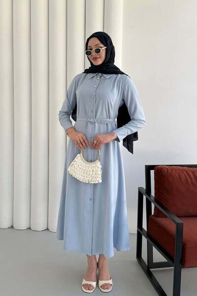 Modaensarbutik Ön Düğmeli Kemerli Tencel Gömlek Tesettür Elbise-BEBE MAVİ