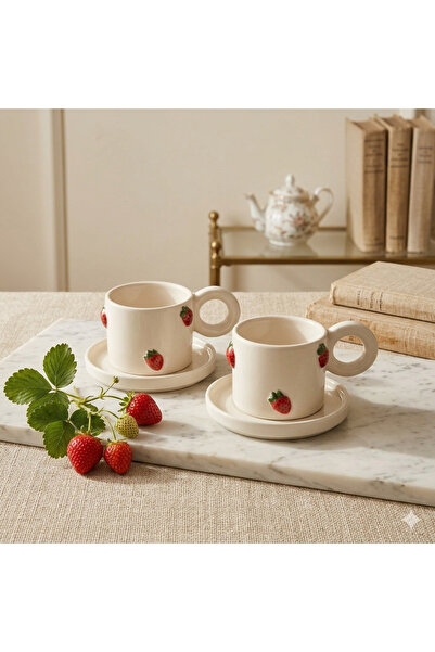 seda seramik Handmade Cute Strawberry Ceramic Mug and Cup Set with Saucer 200 ml