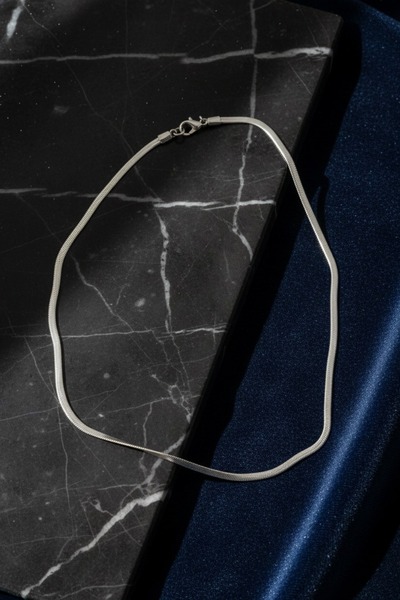 MODAYAŞAR Silver Color Steel Italian Crushed (Flat / Herringbone) Chain Necklace