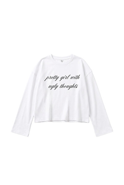 WHITE OF CREATIVE Pretty Girl With Ugly Thoughts Baskılı Uzun Kollu Bluz Tişört