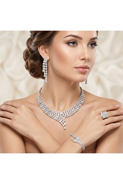 ILAN Luxury Zircon Jewelry Set Bridal Wedding 4Pcs Necklace Earring Bracelet ...