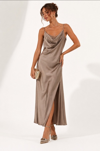 Diva Exclusive Fashion Taupe Satin Maxi Dress with Spaghetti Strap and Elegan...