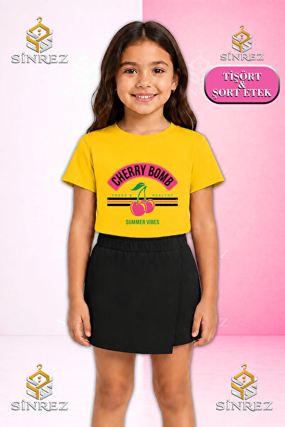 SİNREZ Set pentru fete KIRAZ CHERRY BOMB YAZILI Tricou cu mânecă scurtă impri...