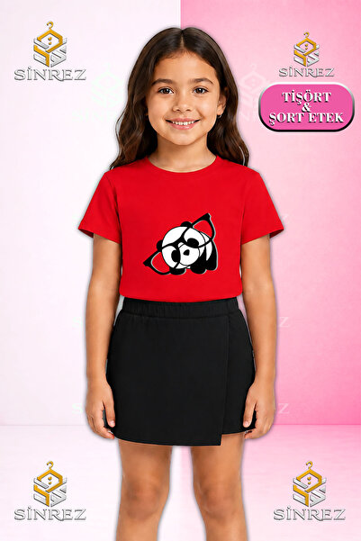 SİNREZ Girl's Set Panda with Glasses Syh Byz Printed Short Sleeve T-Shirt Sho...