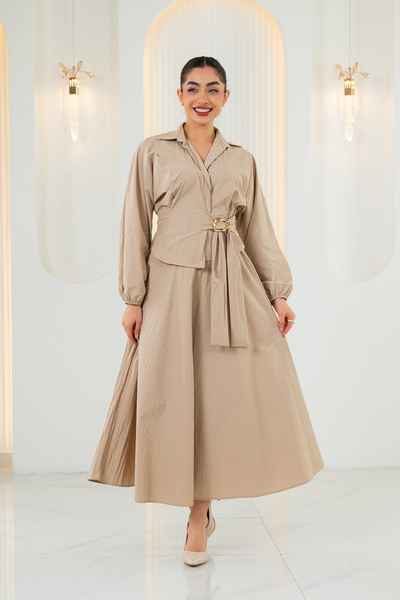 ELAY Fashion Women's Beige Shirt Collar Gold Buckle Long Sleeve 2-Piece Set