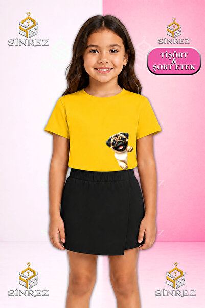 SİNREZ Girl's Set Dog Pug Yandan Yarm Printed Short Sleeve T-Shirt Shorts Skirt