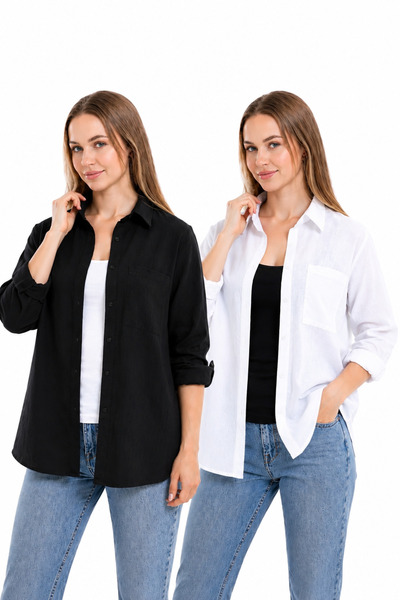 SANTAMİLA 2-Piece Linen Shirts 100% Cotton Black and White