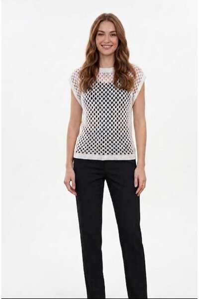 CebeTriko Women's White Boat Neck Openwork Perforated Stylish Comfortable Kni...