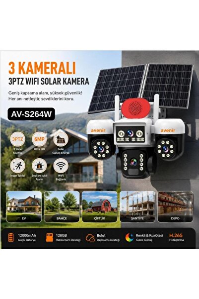 AVENİR AV-S264W Beyaz 3 Kameralı 6MP Güneş Panelli Solar Wifi PTZ Kamera