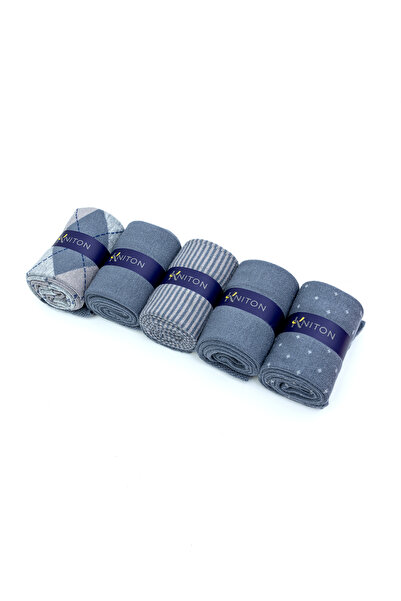 KNITON Dikişsiz Bambu Çorap Jakarlı Gri Renk Desenli Erkek Çorap Kutulu 5 Çift Premium Uzun Soket Mix Çorap Bambu