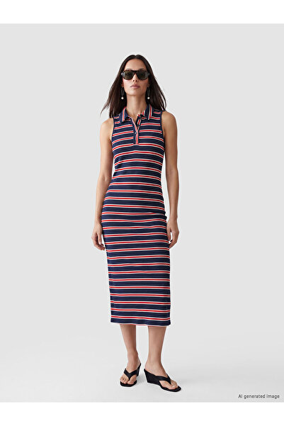 LC Waikiki Nevavm Polo Collar Striped Dress with a Difference