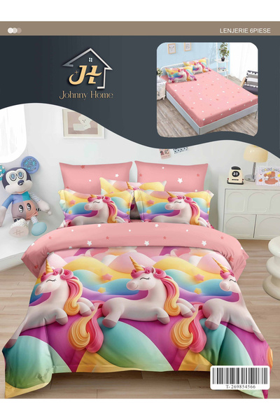 Pucioasa Bedding sets Finet 6 pieces with Elastic, Unicorns and stars-T332