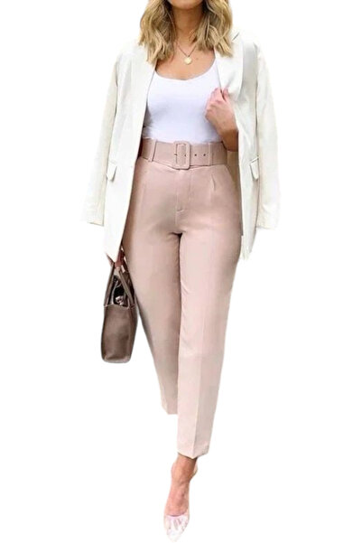 OEM Pantaloni dama cu dunga si curea asortata - Sammy - nude