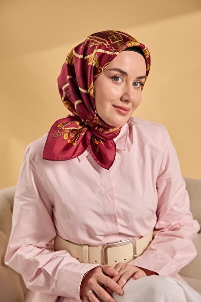 Silk Home وشاح تيفيل الحريري 11530 - 12 أحمر داكن - نمط حزام ذهبي