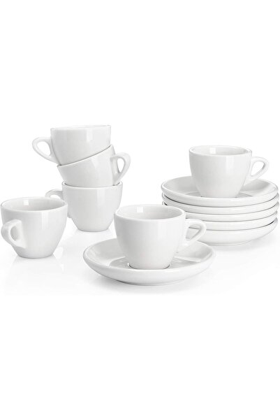 Sweese 4304 Porcelain Espresso Cups with Saucers - 2 Ounce - Set of 6, White