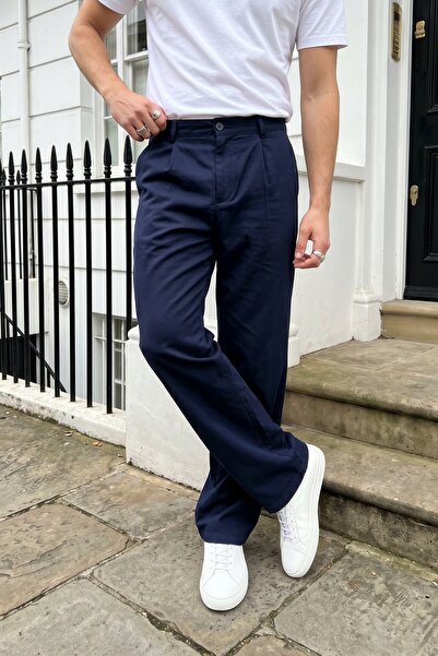 Livio Ferri Salto Double Fabric Pleated Men's Navy Blue Baggy Trousers Wide L...