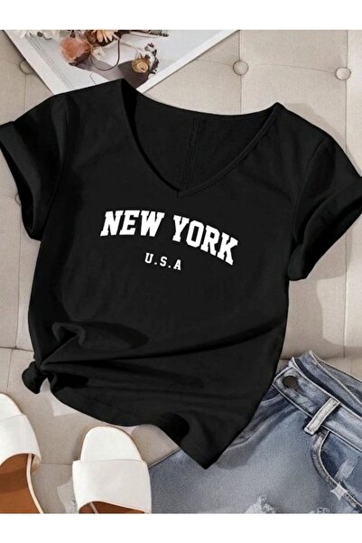 BW Bravely Wear Γυναικείο μπλουζάκι με λαιμόκοψη V NEWYORK USA με στάμπα κανο...