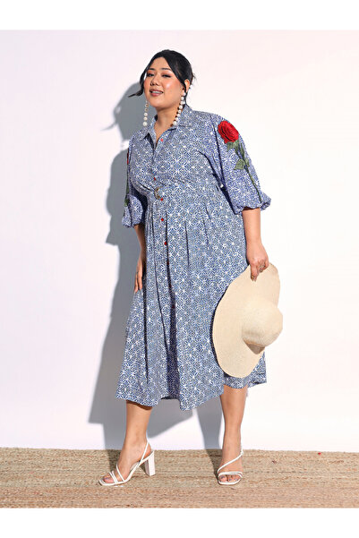 Sassafras By Styli Plus Size Flower Patch Sleeve Shirt Midi Dress