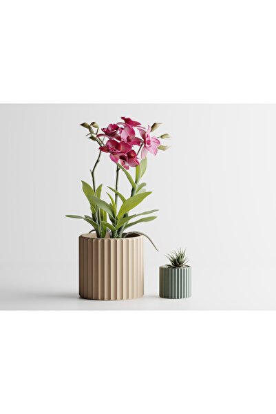 Tasarım Muris Dekoratif Saksı - Bej Modern Çizgili Bitki Saksısı 8 cm