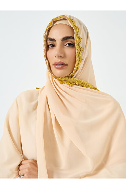 Take Two By Styli Beige Chiffon Hijab with Lace Trim