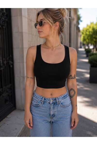 MONTREE Kalın Askılı Likralı Sırtı Kapalı Crop Top