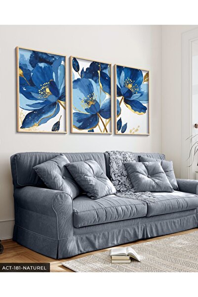 CeSht Watercolor Look Gold Detailed Blue Flower 3 Piece Wooden Framed Paintin...