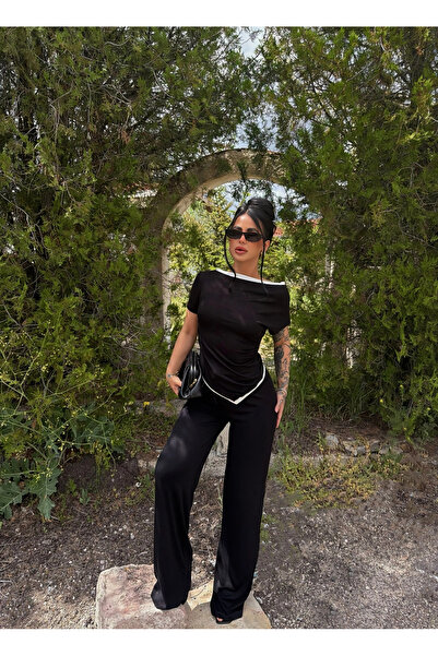 kırmızı butiks Black Piping Viscose Asymmetrical Suit