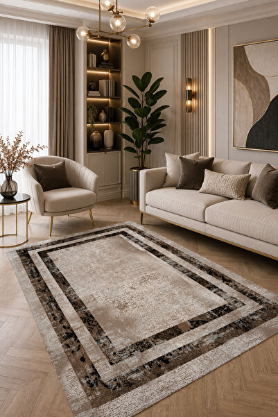 Bordo Halı Modern Kahverengi Çerçeveli Antrasit Füme Salon Mutfak Yatak Odası...
