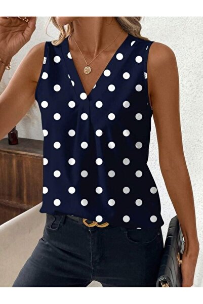 kendim fashion Women's Strappy V-Neck Polka Dot Single Jersey Blouse