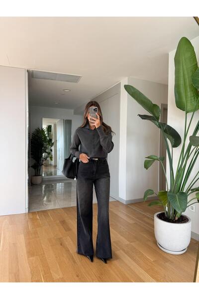 MERVE AKSOY Rona Antrasit Yıkamalı Wide Leg Jean