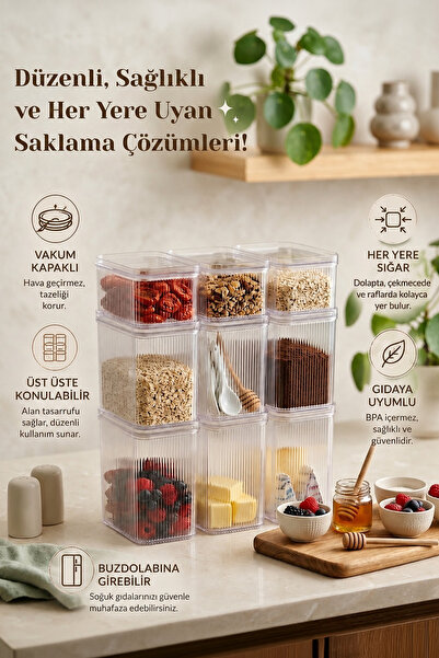 Kitchen Life مجموعة من 9 برطمانات مستطيلة مفرغة من الهواء مع ملصقات (3x2,7 لت...