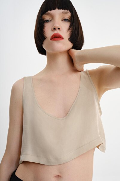 MİİN BEJ ASKILI U YAKA OVERSIZE CROP TOP