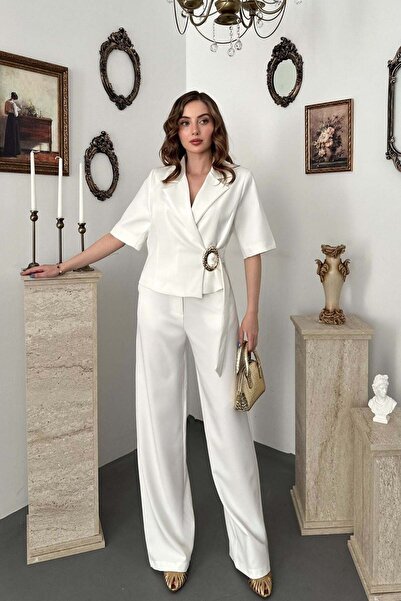 Elbee Fashion Woman Ekru Tek Tokalı Ceket Ve Pantolon Takım