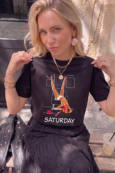 The Champ Clothing Γυναικείο μπλουζάκι oversize με στάμπα Weekend Mood σε μαύ...