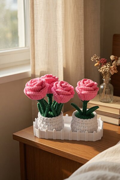 MYCRAFT3D Örgü Dokulu Gül Saksı ve Çit Standlı Set – Çiçekli Dekoratif Biblo,...