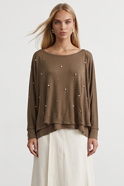Trend Alaçatı Stili Women's khaki wrap cut loose blouse with pearl detail alc...