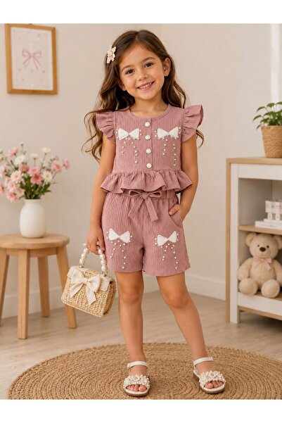 Kuzucuk Kids Bebek Çocuk Butik Kız Çocuk Fiyonk ve İnci Detaylı Bluz ve Şort ...