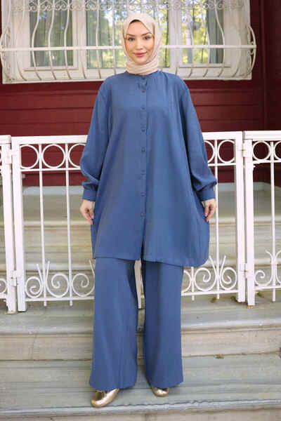 İmajButik Indigo Buttoned Tunic Trouser Suit