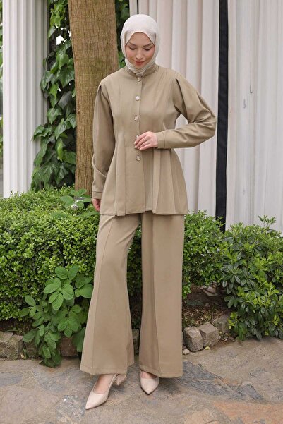 İmajButik Light Khaki Jacket and Trousers Set with Stitching Detail