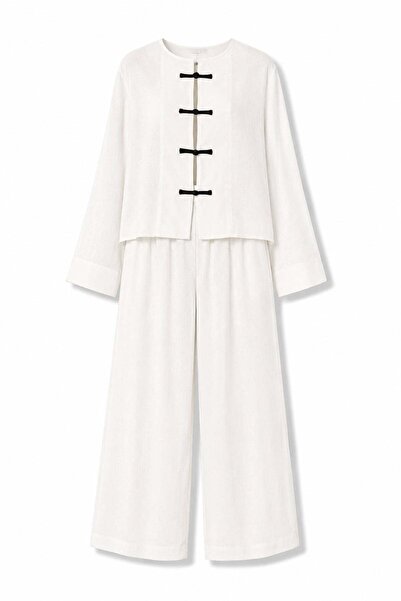5in1Canpolat Ecru Brid Buttoned Blouse Trouser Set 26Y072