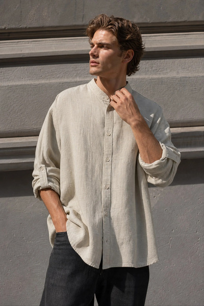 MADZEYMODA Men's Long Sleeve Muslin Shirt with Stand Collar, Comfortable Fit,...
