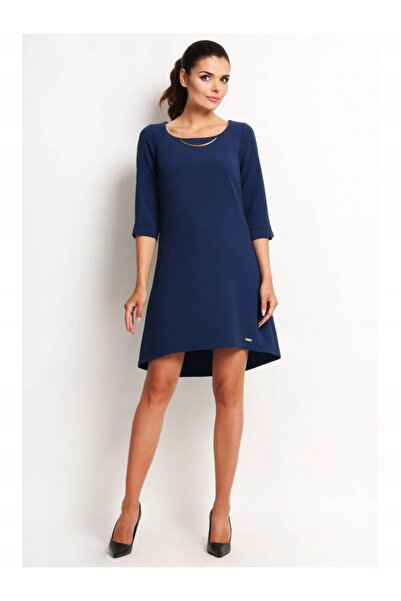 Awama A-line Dress, Awama, S, Midi Type, Asymmetrical, Round Neckline, Navy Blue