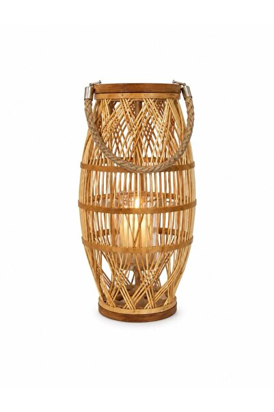 HÜCO BAZAAR Dekoratif Bambu Rattan Şık Mumluk/Şamdan Ev Ofis Yazlık Bahçe
