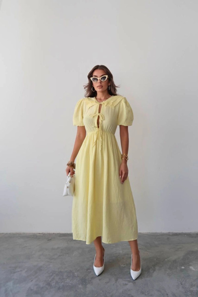 Lusin Women's Summer Yellow Stylish Doll Collar Detailed Lined Muslin Fabric ...