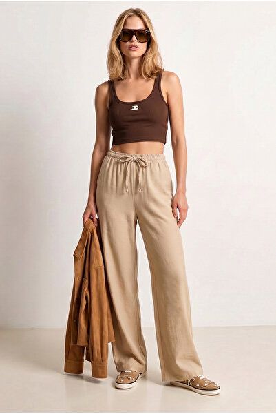 Olalook Women's Beige Elastic Waist Pocketed Royal Linen Flowy Trousers Pnt-1...