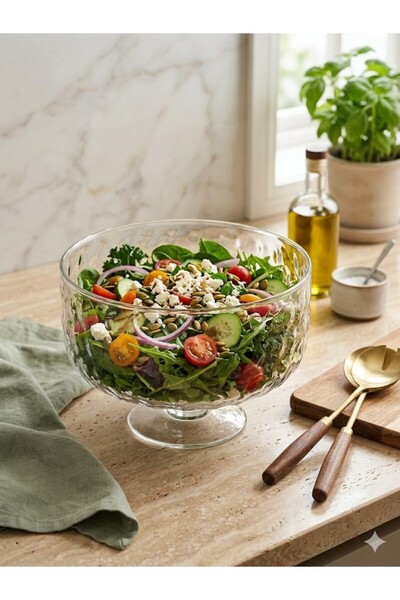 ENAVM Cam Ayaklı Şık 19 cm Salata Kasesi Buble Desen 2L