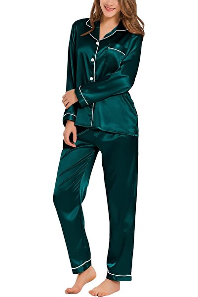 SWOMOG Womens Silk Satin Pajamas Set Long Sleeve Button Down Sleepwear 2 Piec...
