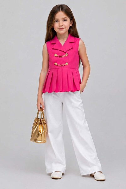 Riccotarz Girl's Chain Detailed Shirt Collar Sleeveless Fuchsia Vest Spanish ...