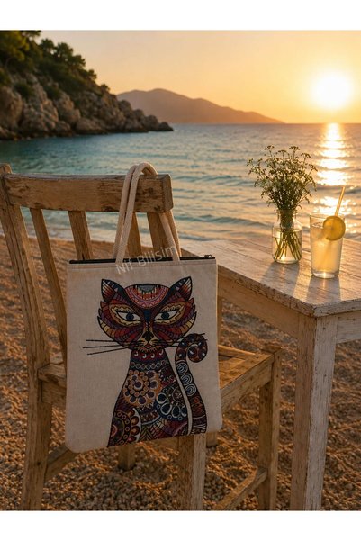 Nif Bilişim Cat Figured Beach Bag Colorful Printed Patterned Fabric Large Size Stylish Sea Picnic Bag Shoulder Fabric Bag with Zipper Interior Pocket